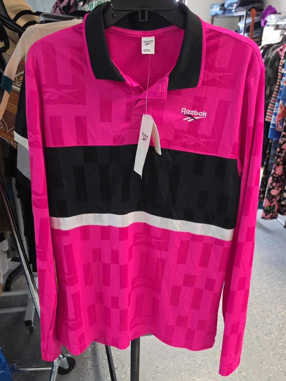 Reebok Men’s Hot Pink Long-Sleeve Polo with Black & White Stripe